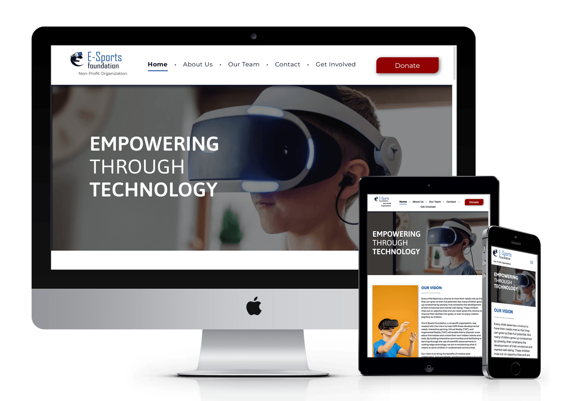 A computer , tablet , and phone are displaying a website for empowering through technology.