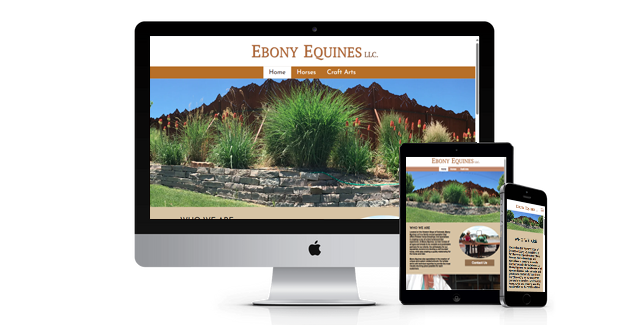 An ebony equines website is displayed on a computer and tablet