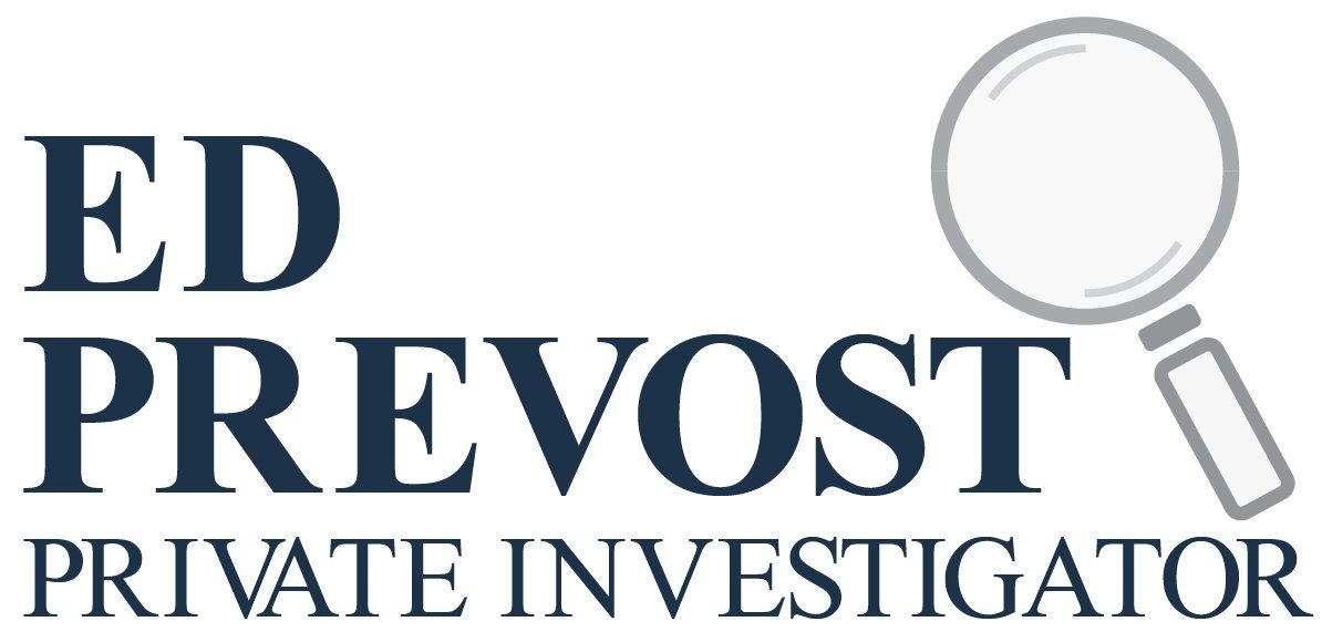 A logo for ed prevost private investigator with a magnifying glass.