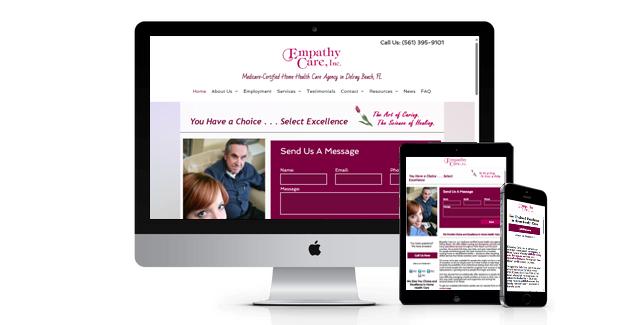 A computer monitor a tablet and a cell phone are displaying a website.