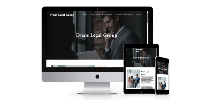 Evans legal group is displayed on a computer tablet and phone