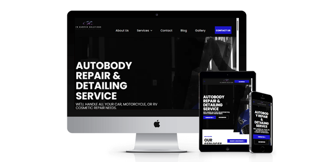 A computer , tablet , and cell phone are displaying a website for autobody repair and detailing service.