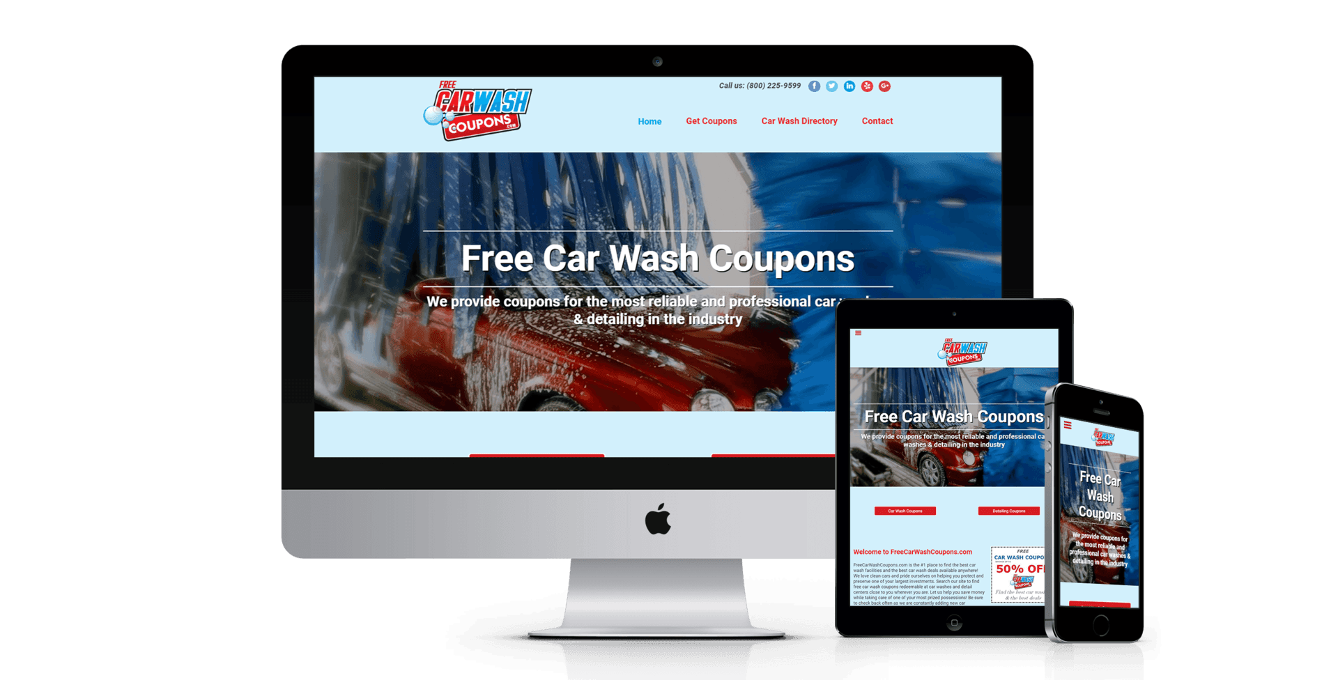 A computer , tablet , and cell phone are displaying a website for a car wash.