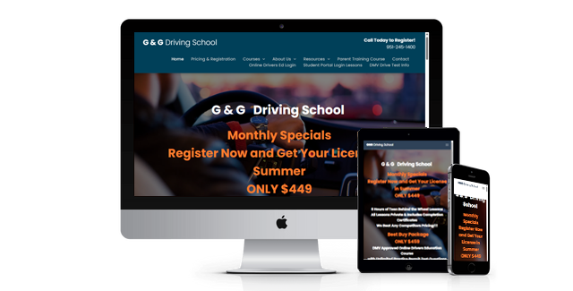A computer , tablet , and phone are displaying a website for a driving school.