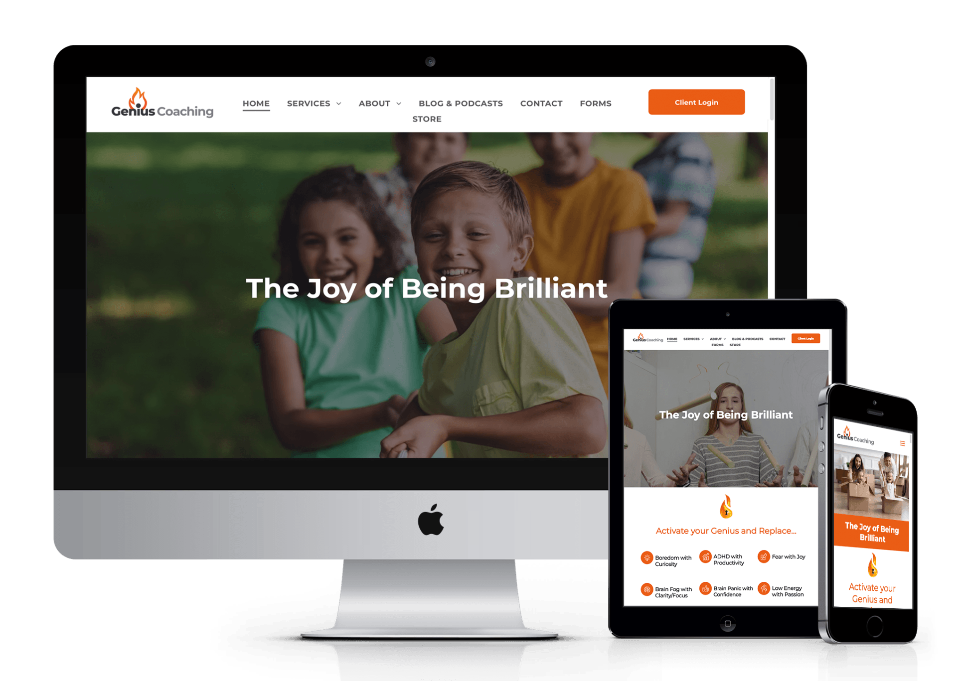 A computer , tablet , and phone are displaying a website called the joy of being brilliant.