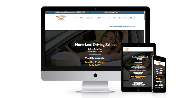 A computer , tablet , and cell phone are displaying a website for homeland driving school.