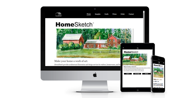 A computer , tablet , and phone are displaying a home sketch website.