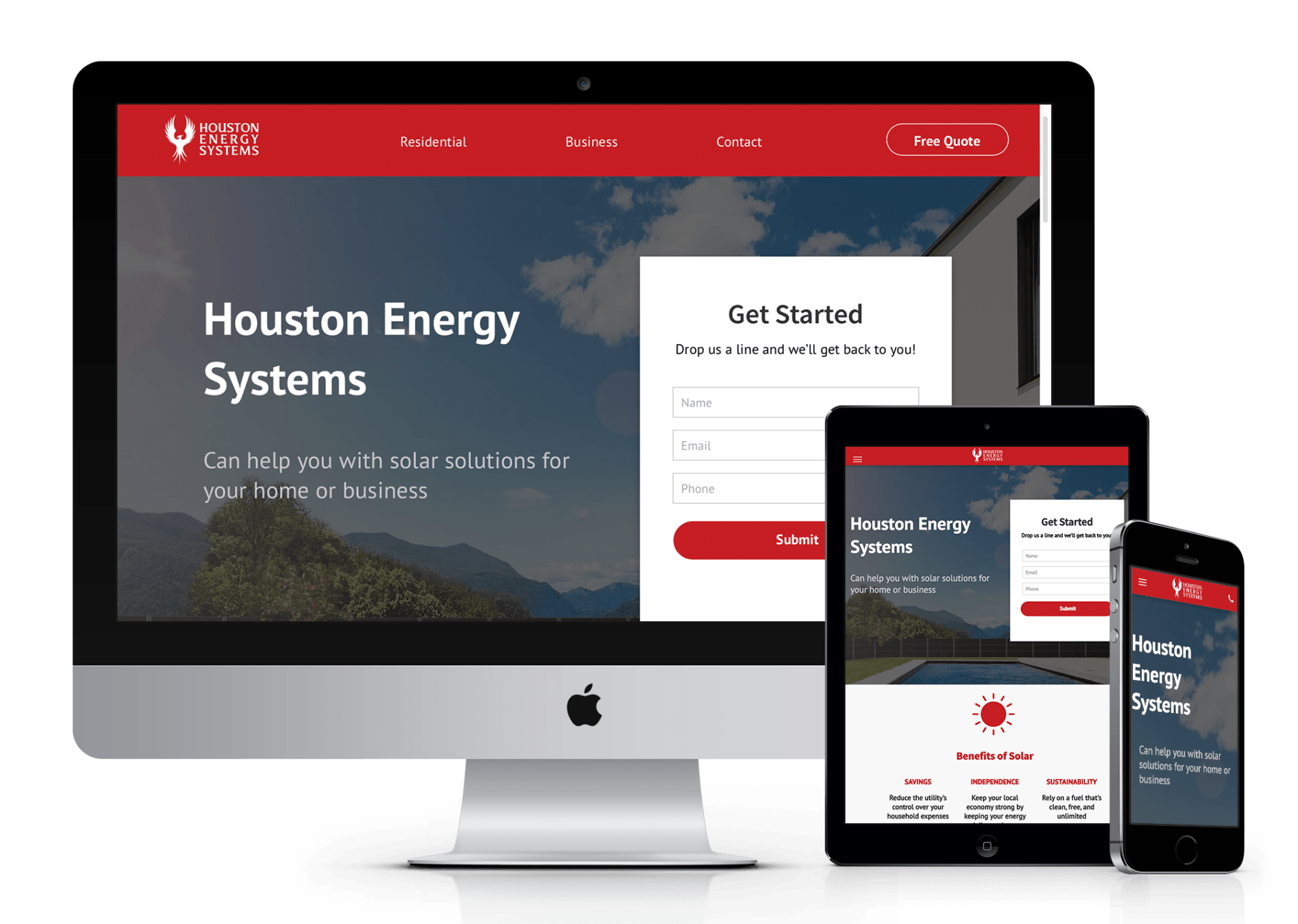A computer , tablet , and phone are displaying a website for houston energy systems.