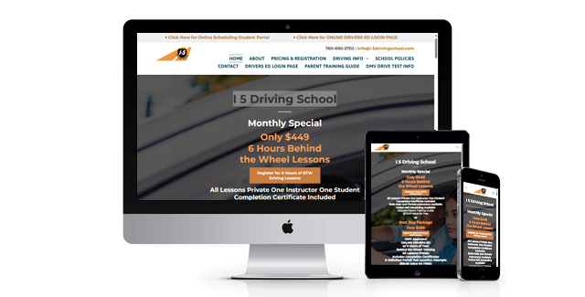 A computer , tablet , and phone are displaying a website for a driving school.