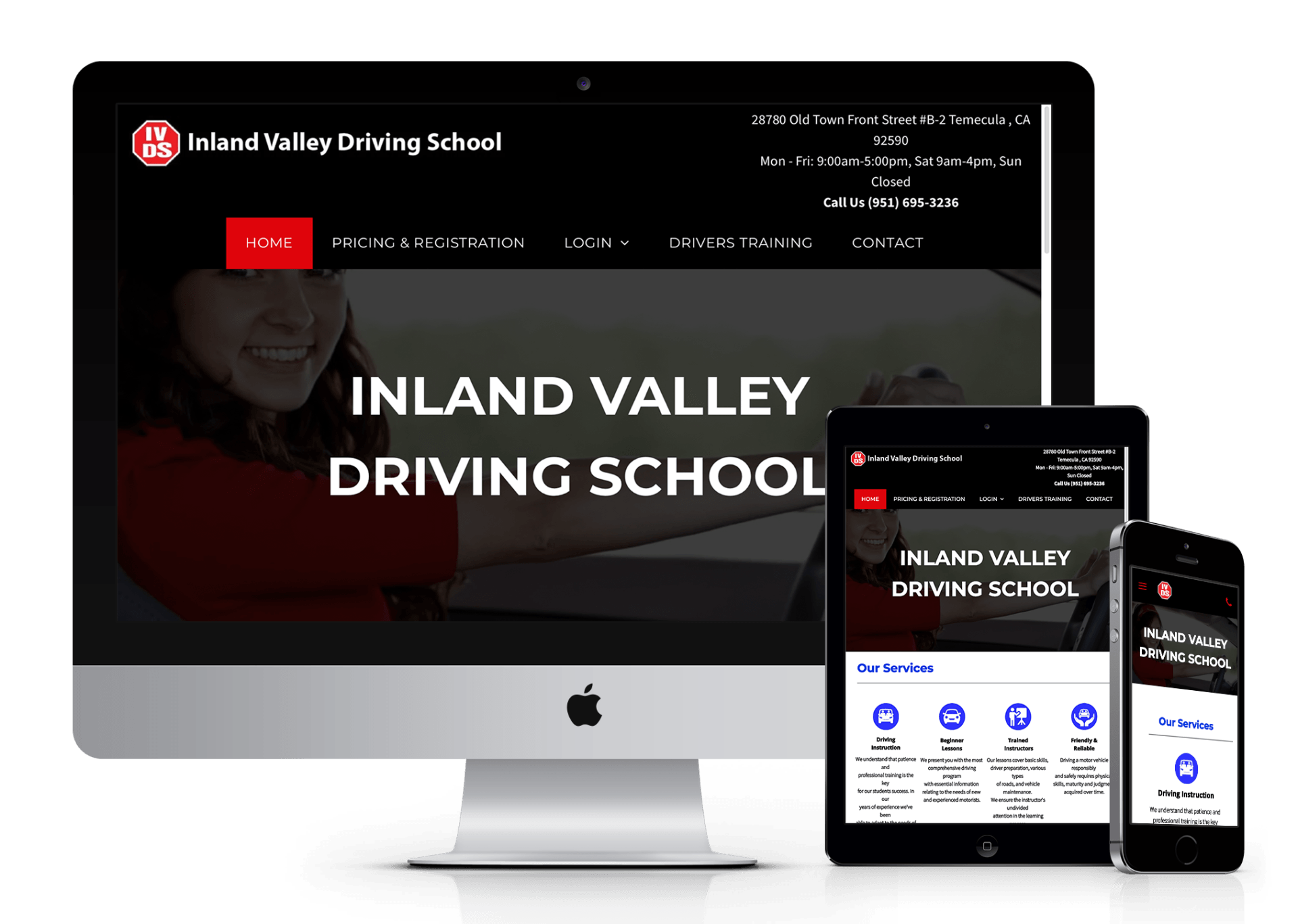 The inland valley driving school website is displayed on a computer , tablet , and cell phone.