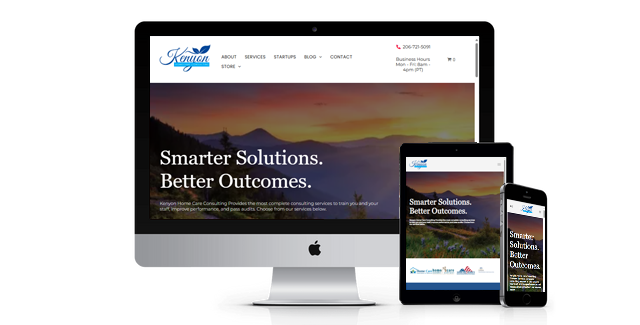 A computer monitor , tablet , and cell phone are displaying a website.