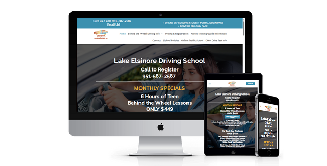 A computer monitor a tablet and a cell phone are displaying a website for a driving school.