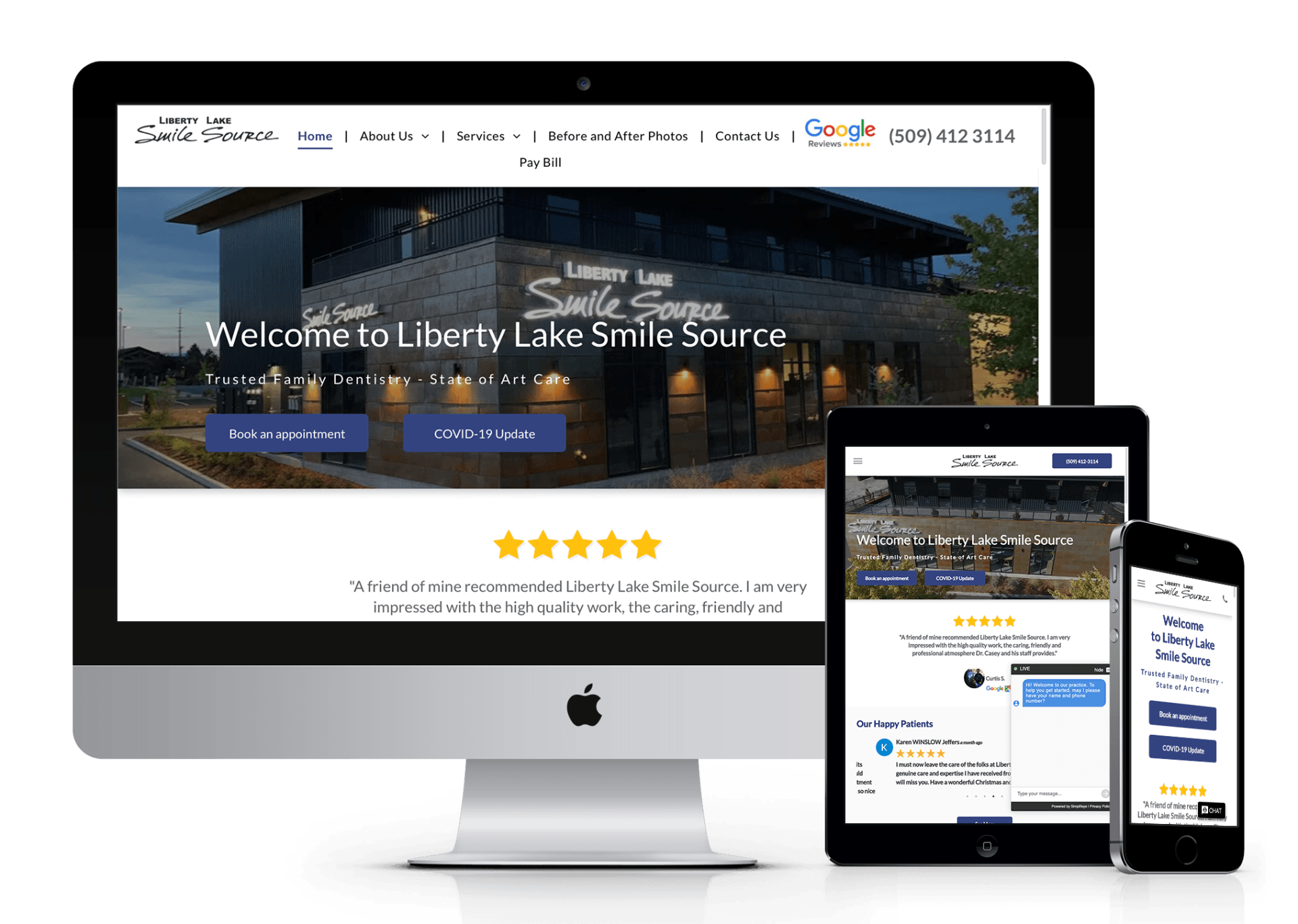 A computer , tablet , and cell phone are displaying a website for a dental office.