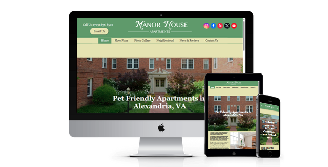 A manor farm website is displayed on a computer and tablet