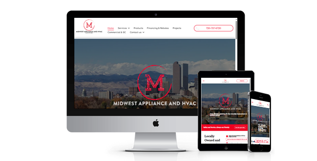 A computer , tablet , and phone are displaying a website for airwest appliance and hvac.