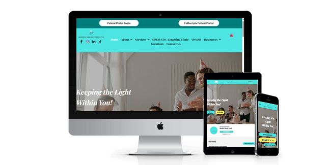 A computer monitor a tablet and a cell phone are displaying a website.