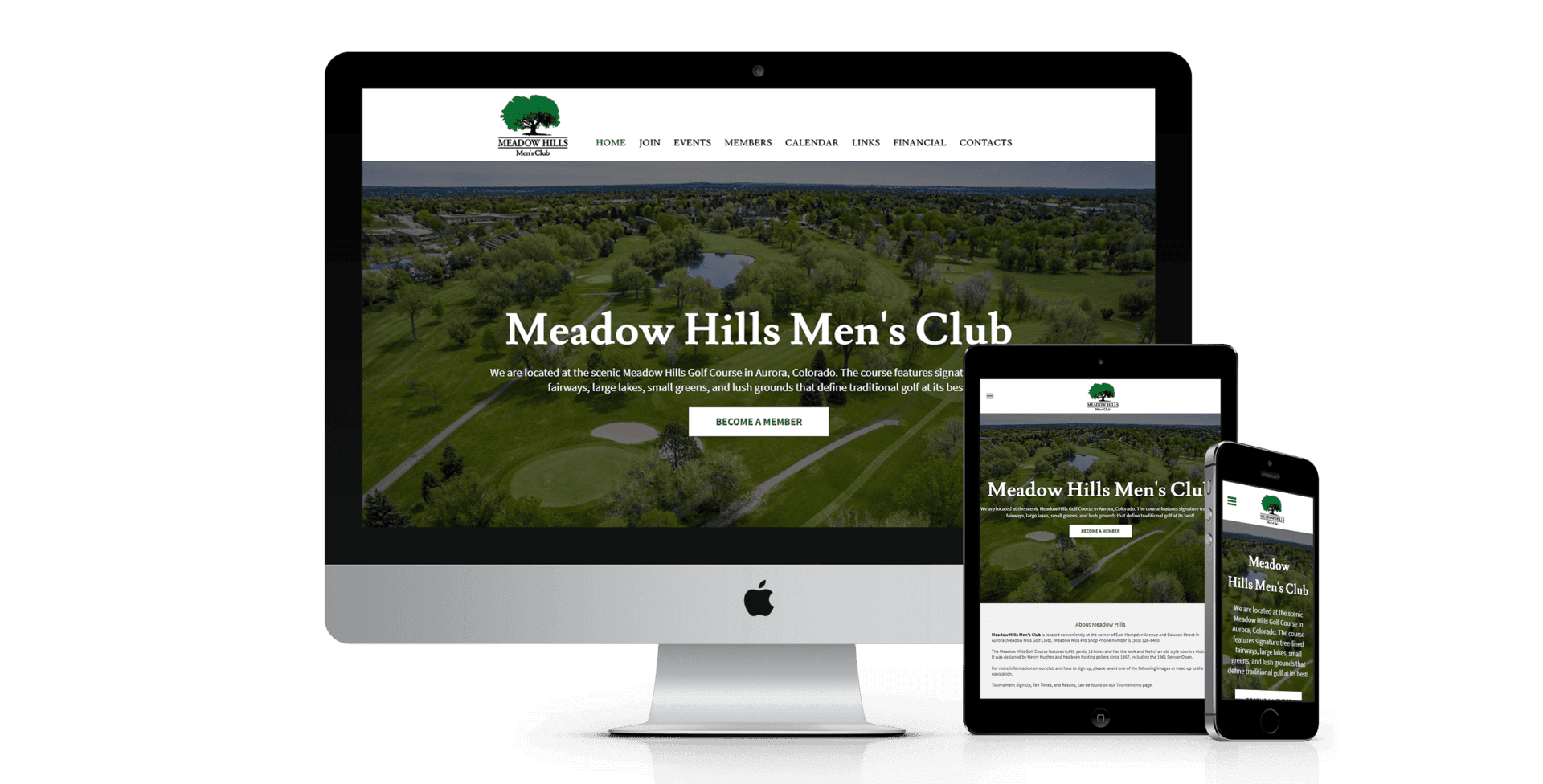 A computer , tablet , and cell phone are displaying the meadow hills men 's club website.