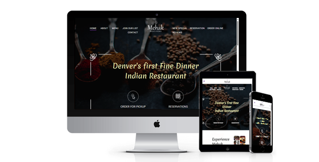 A computer , tablet , and cell phone are displaying a website for denver 's first fine dinner indian restaurant.