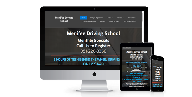 A computer monitor a tablet and a cell phone are displaying a website for menifee driving school.