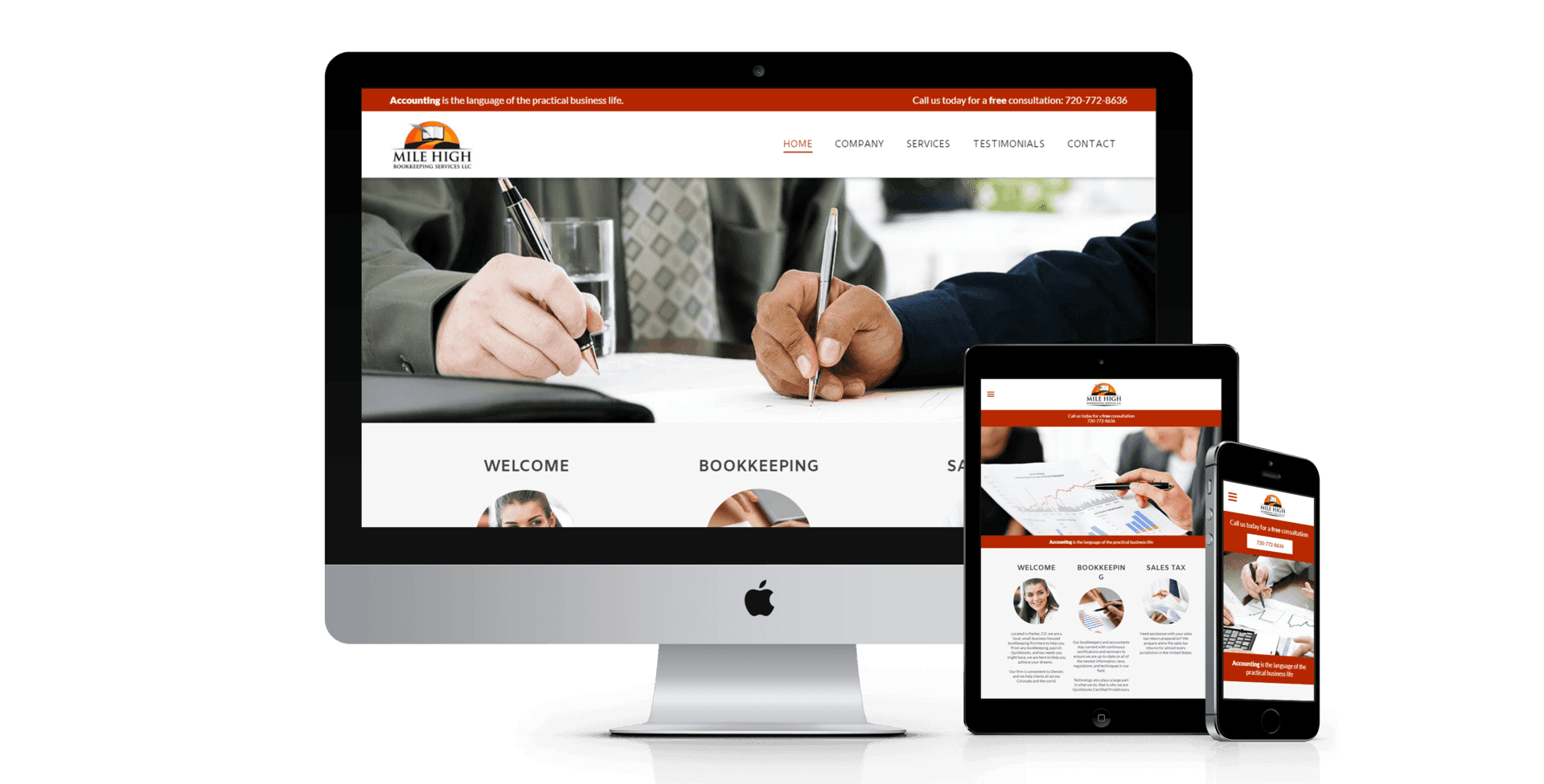 A computer , tablet , and cell phone are displaying a website.