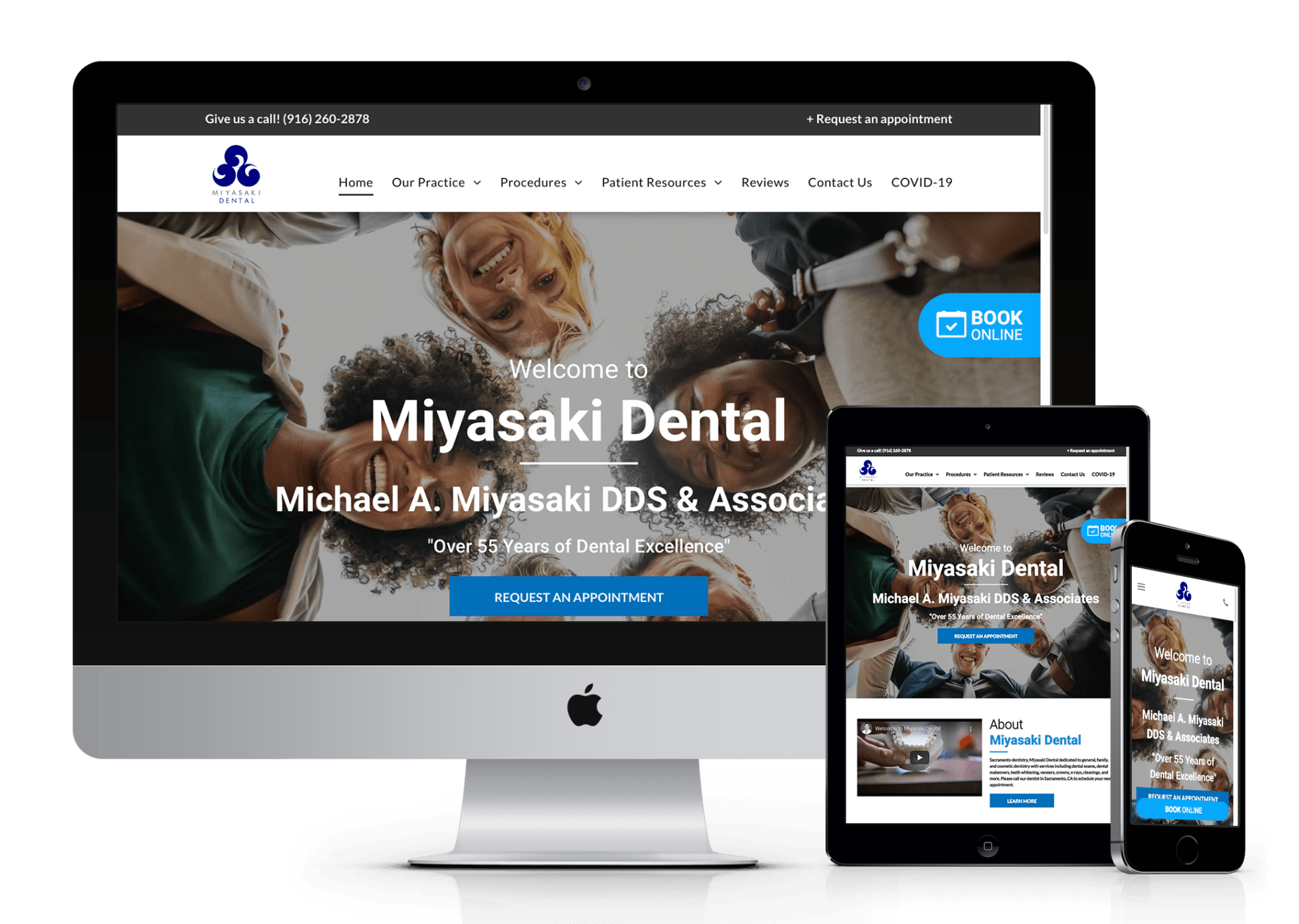 A miyasaki dental website is displayed on a computer , tablet , and phone.