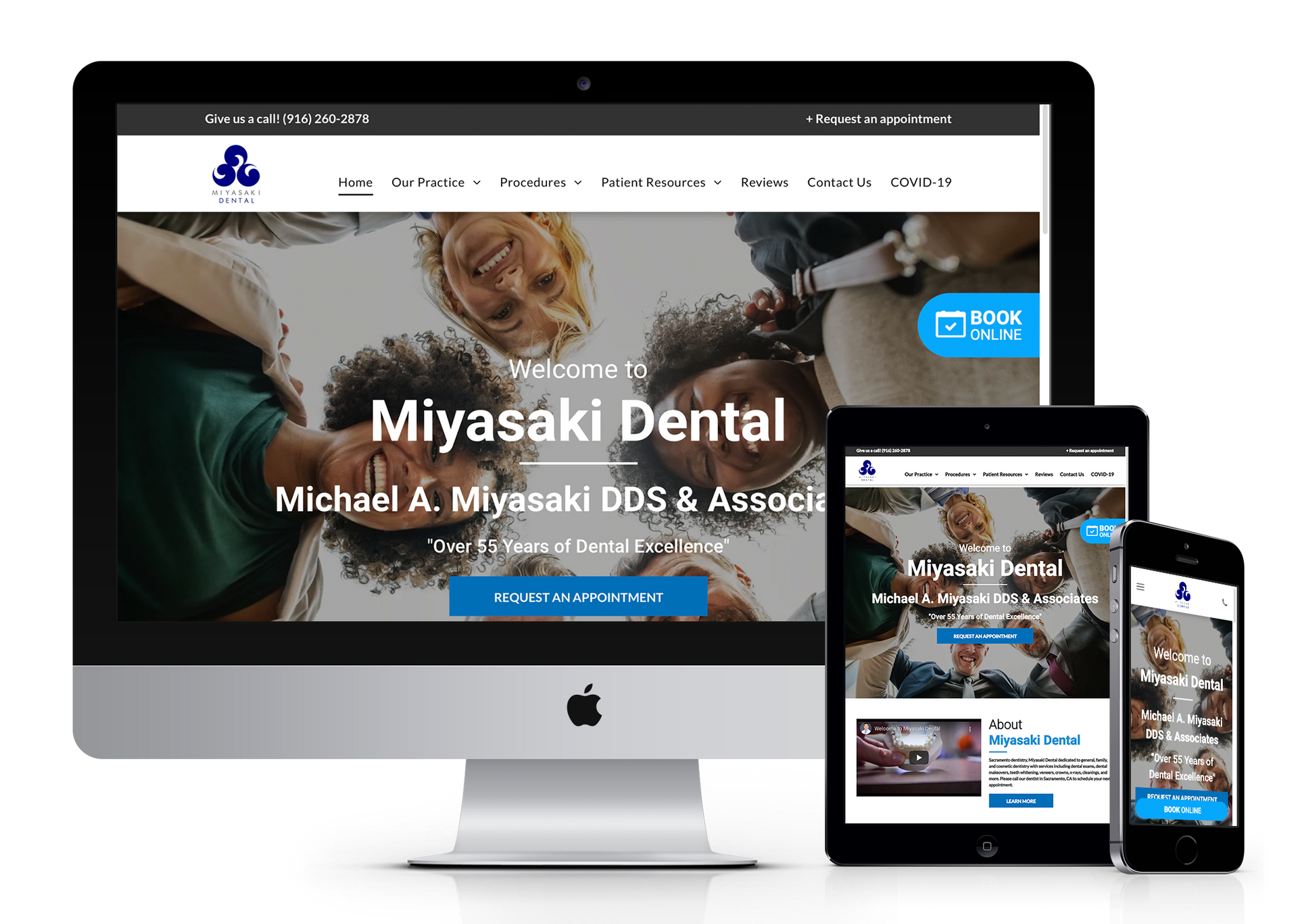A computer , tablet , and cell phone are displaying a website for miyasaki dental.