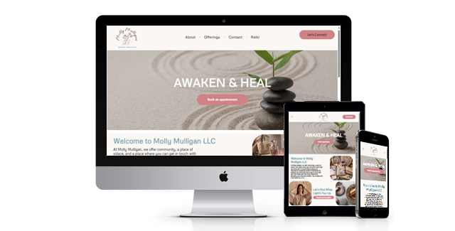 A computer , tablet , and cell phone are displaying a website.