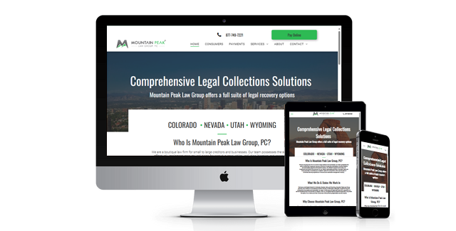A computer , tablet , and cell phone are displaying a website for comprehensive legal collections solutions.