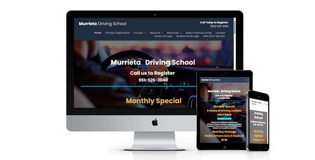 A computer monitor a tablet and a cell phone are displaying a website for a driving school.