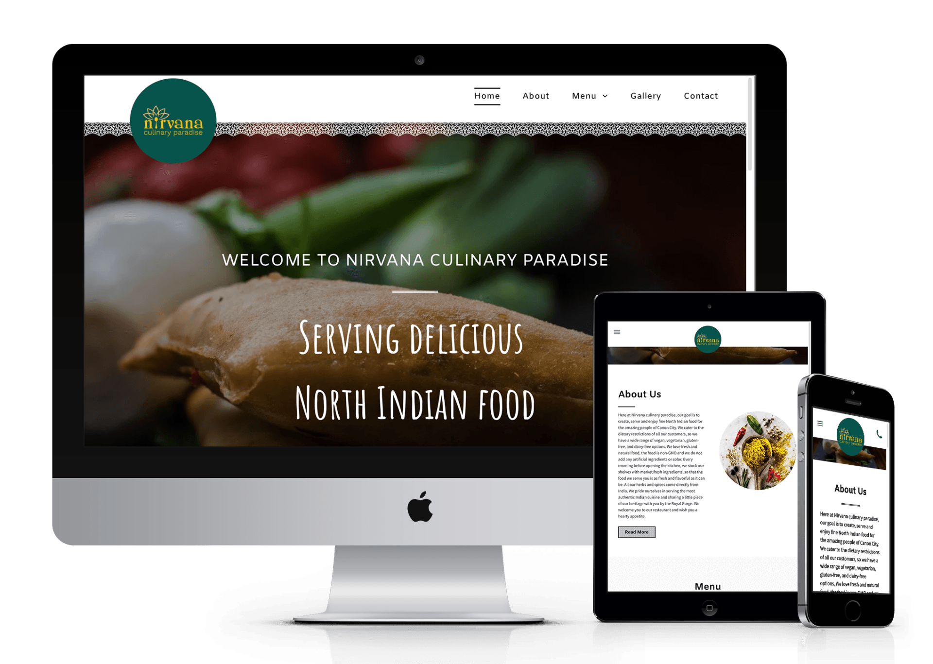 A computer monitor a tablet and a cell phone are displaying a website for north indian food