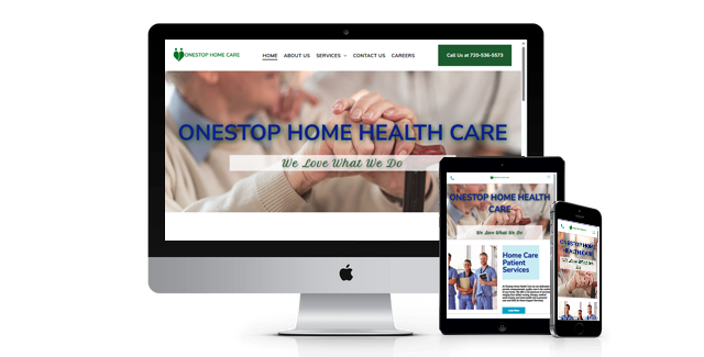 A computer monitor a tablet and a cell phone are displaying a website for onestop home health care