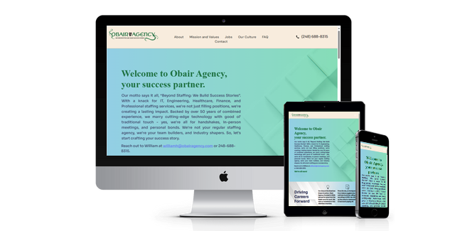 A computer , tablet , and cell phone are displaying a website.