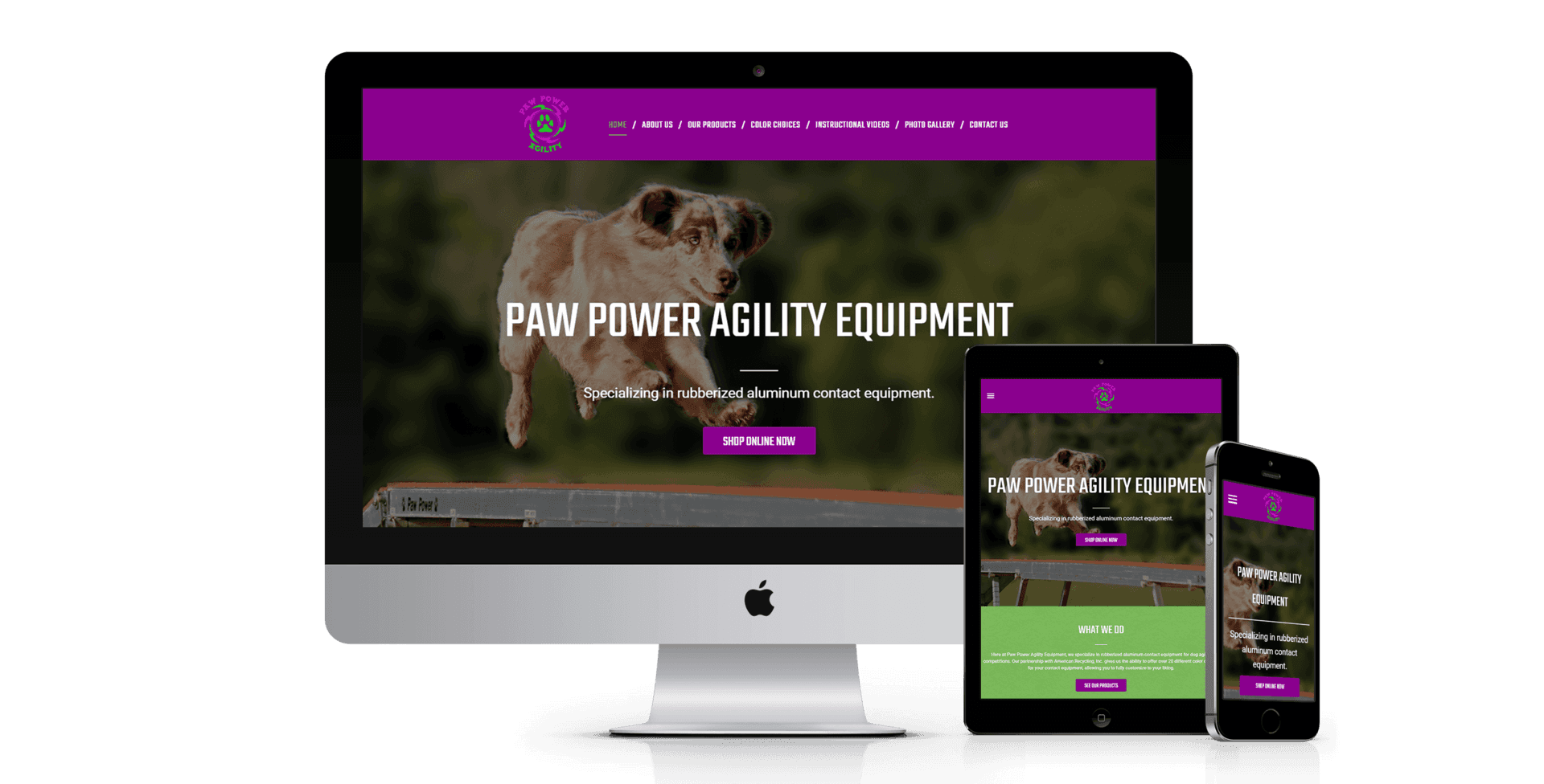 A computer , tablet , and cell phone are displaying a website for paw power agility equipment.
