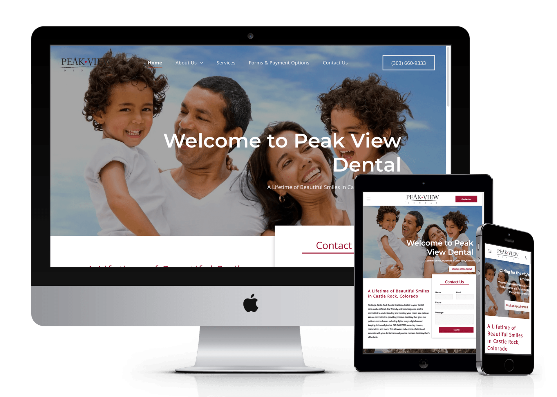A computer , tablet , and phone are displaying a website for peak view dental.
