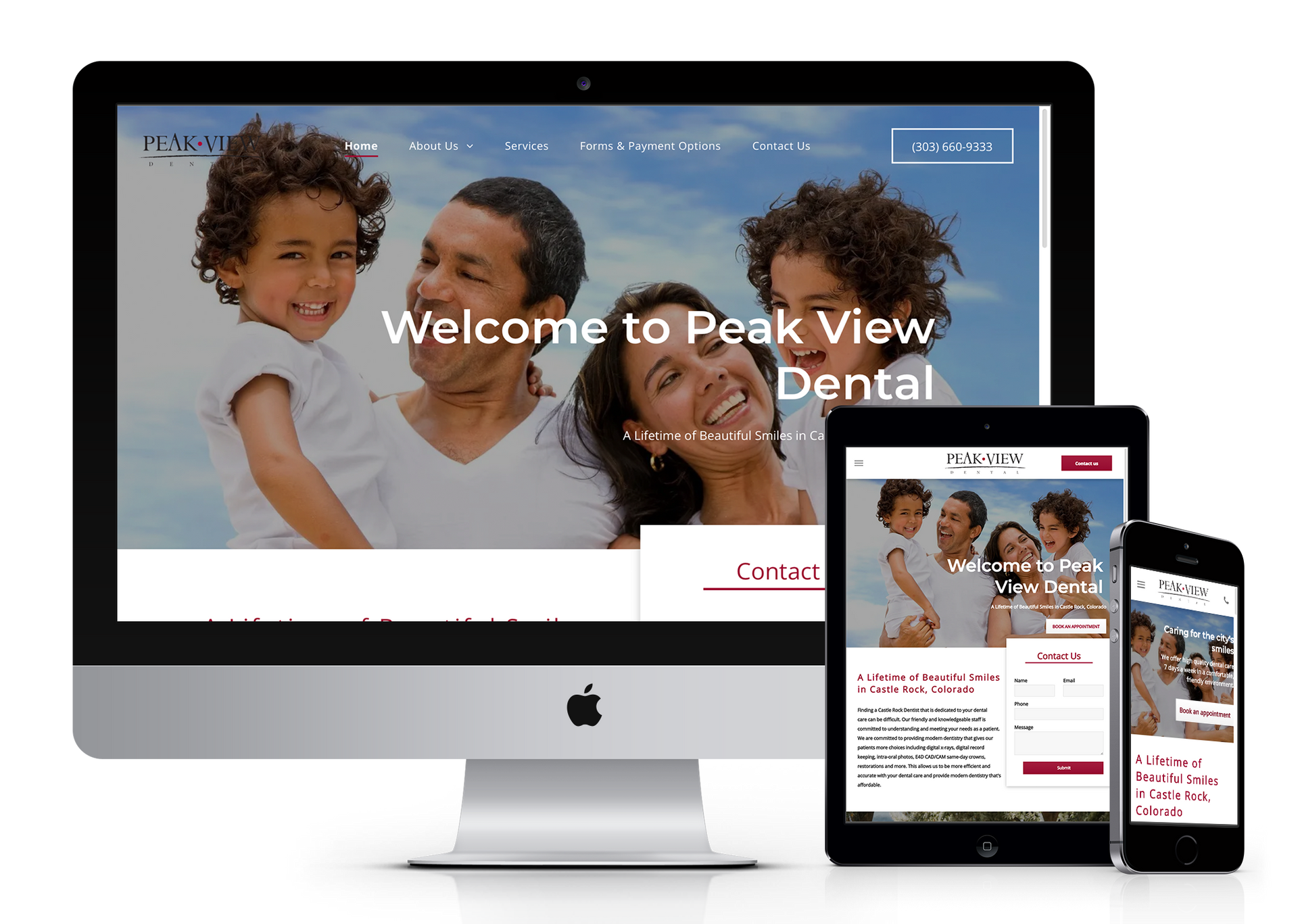 A computer , tablet , and phone are displaying a website for peak view dental.