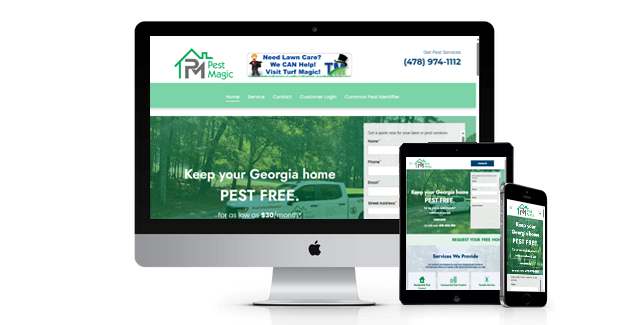 A computer , tablet , and cell phone are displaying a website for a pest control company.