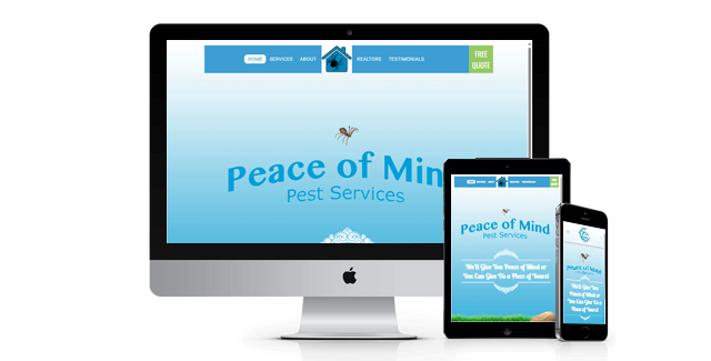 A computer , tablet , and phone are displaying a peace of mind website.