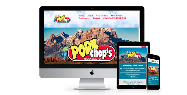 A computer , tablet , and cell phone are displaying a website for pop chop 's.