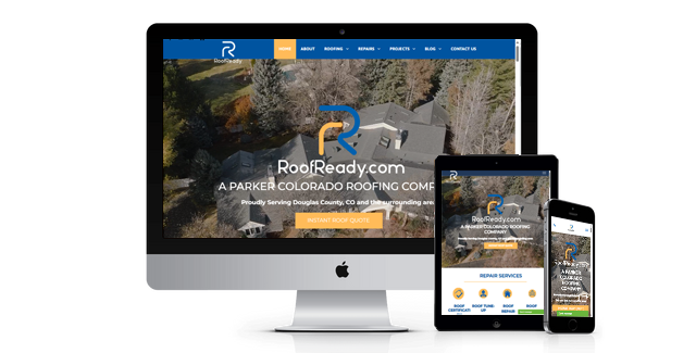 A computer , tablet , and cell phone are displaying a website for roof ready.