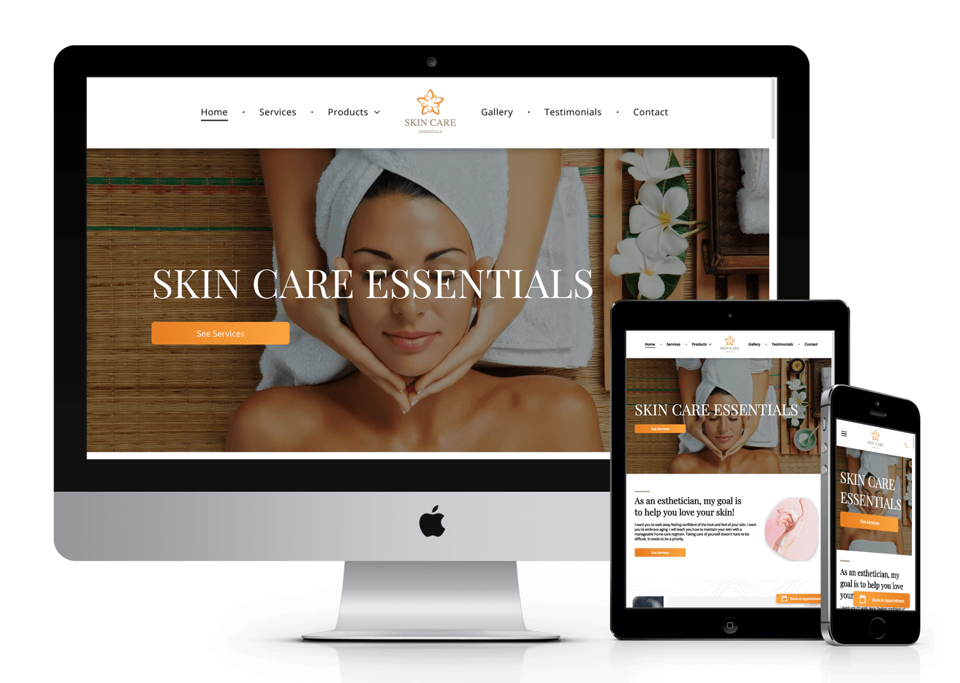 A computer , tablet , and phone are displaying a website for skin care essentials.