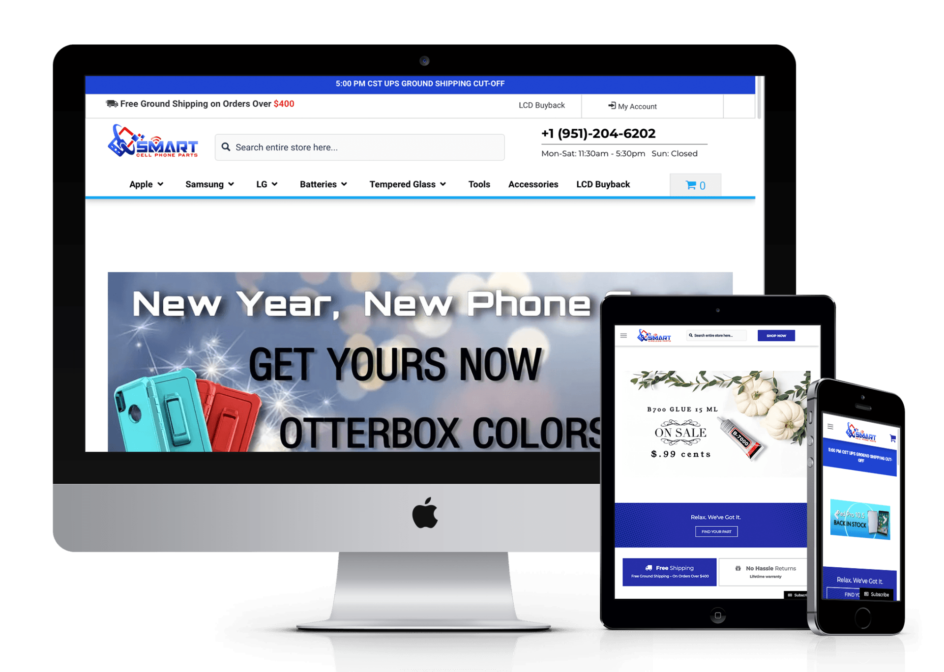 A computer monitor , tablet , and cell phone are displaying a website for otterbox colors.