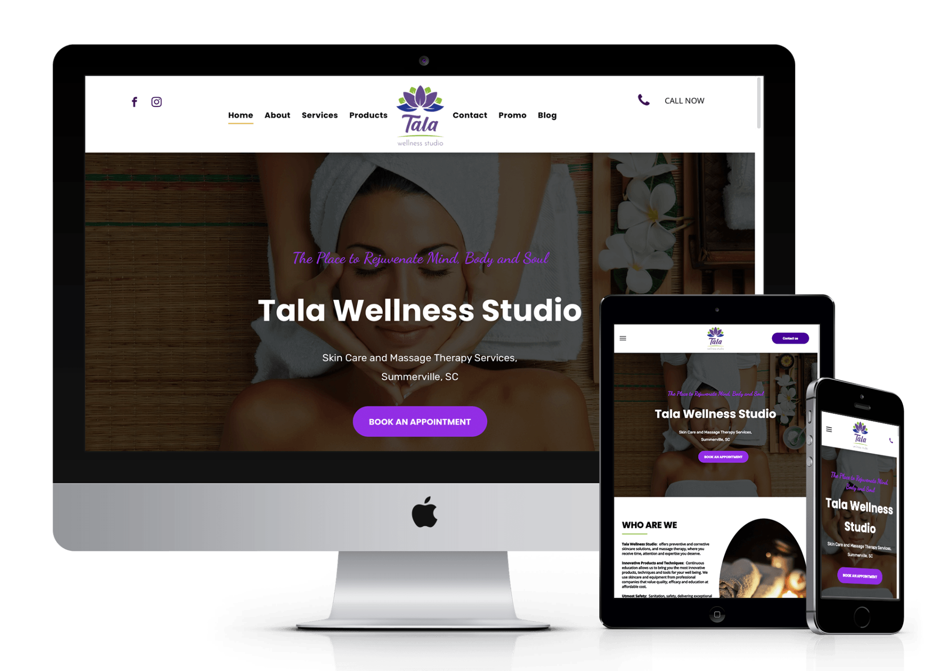 A computer , tablet , and phone are displaying a website for tala wellness studio.