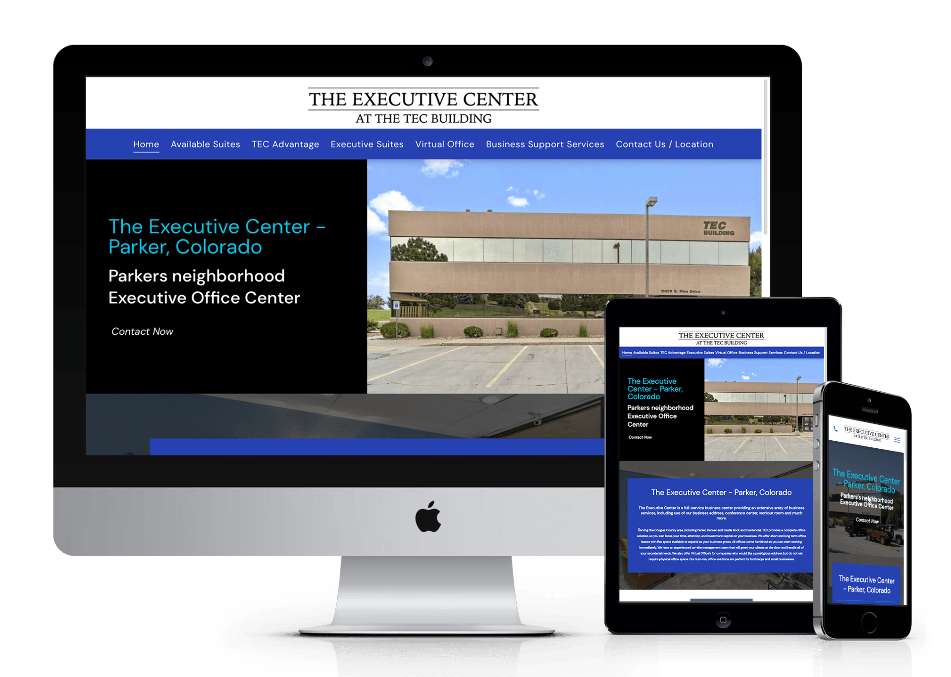 The executive center website is displayed on a computer tablet and phone