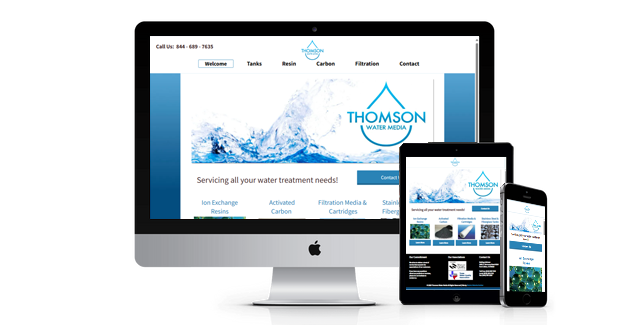 A computer monitor a tablet and a cell phone are displaying a thomson website.