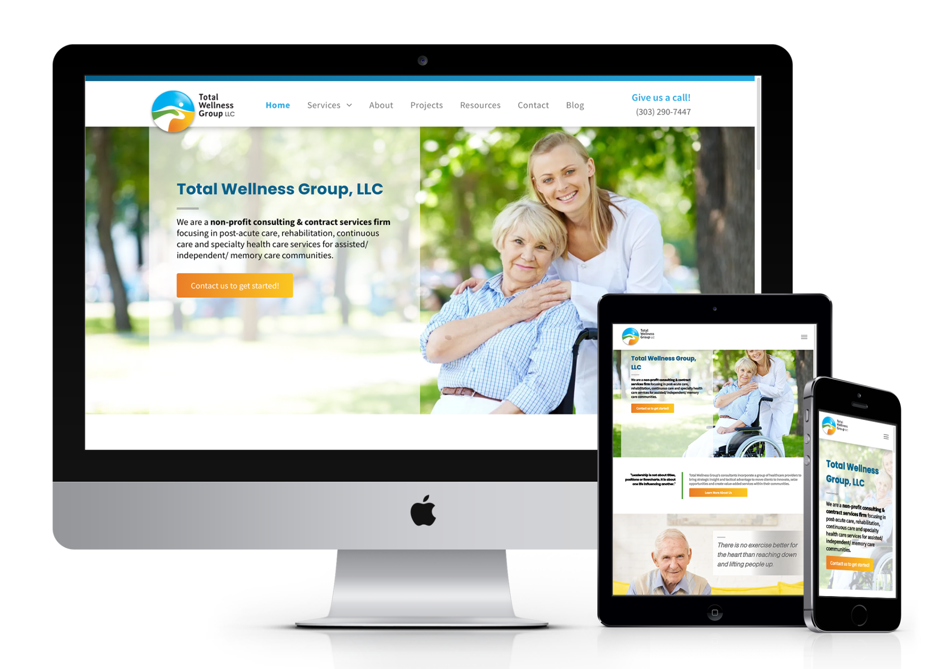 A computer , tablet , and cell phone are displaying a website.