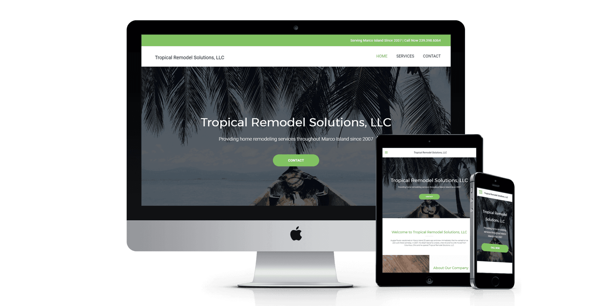 A computer , tablet , and cell phone are displaying a website for tropical remodel solutions llc.