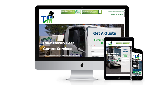 A computer , tablet , and cell phone are displaying a website for lawn care and pest control services.