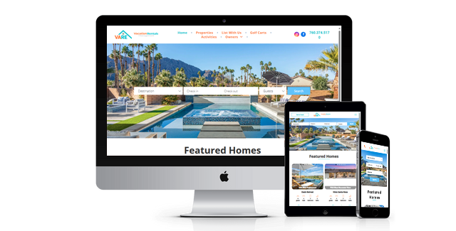 A computer , tablet , and cell phone are displaying a website for featured homes.