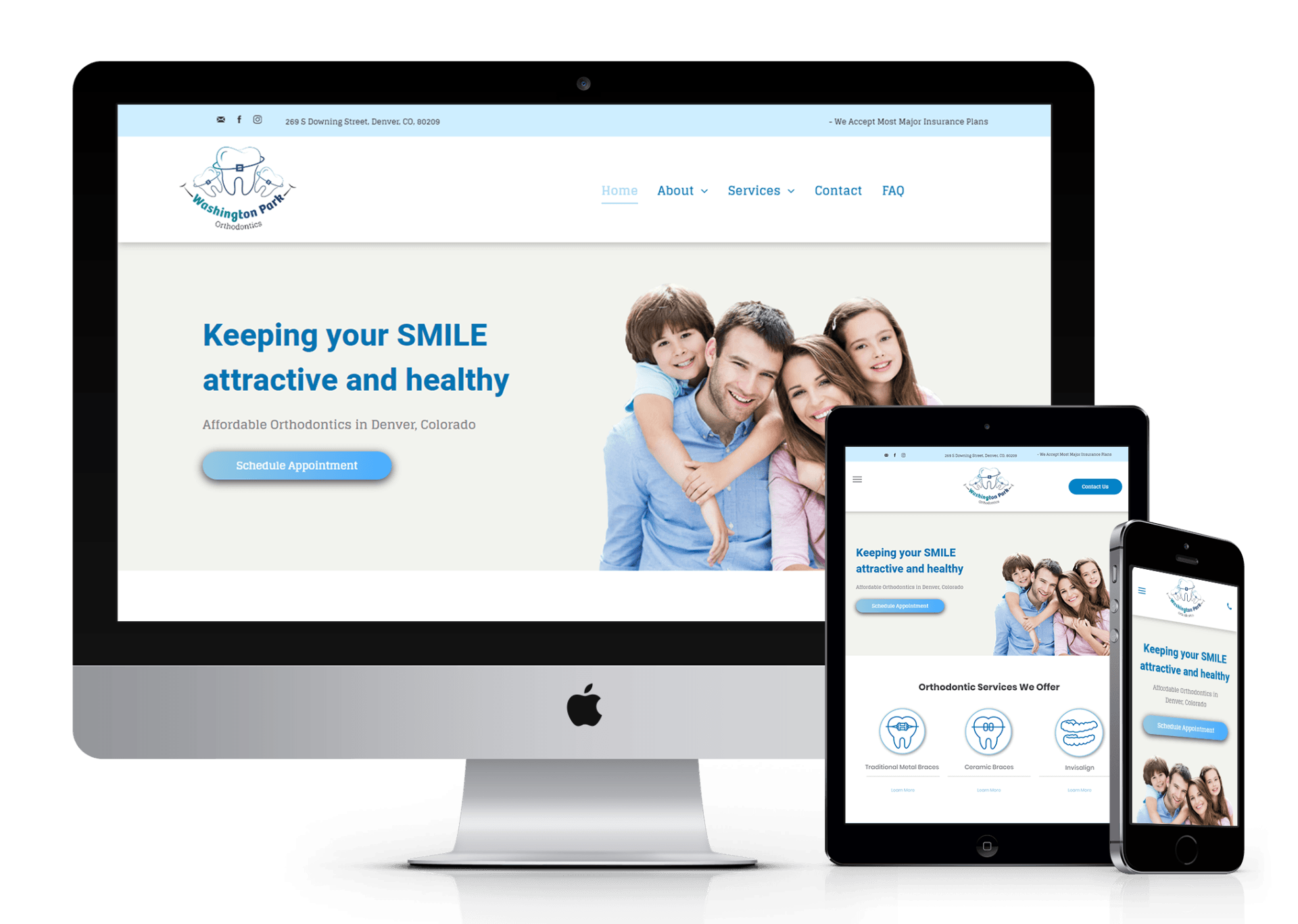 A computer , tablet , and cell phone are displaying a dental website.