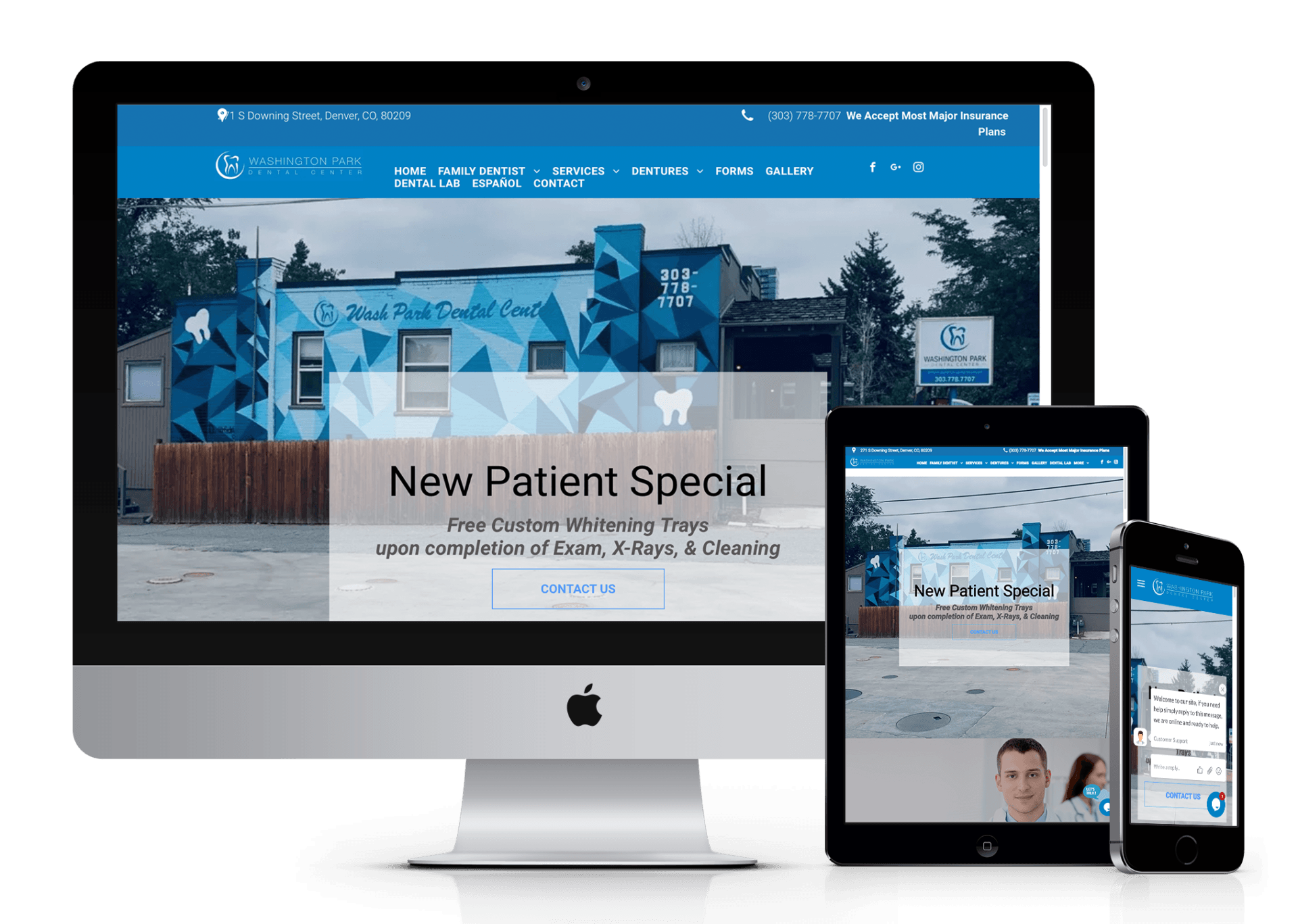 A computer , tablet , and phone are displaying a website for a dental office.